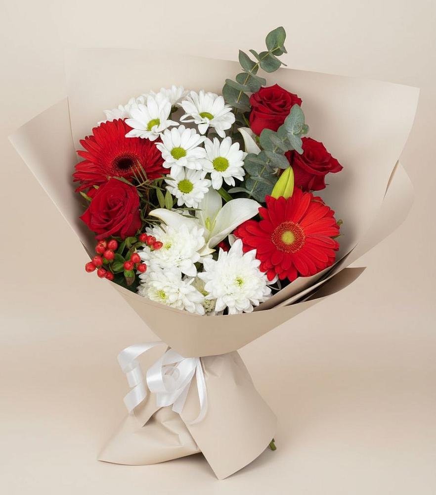 Букет цветов из: Розы, Хризантемы, Герберы и Лилии в Братках