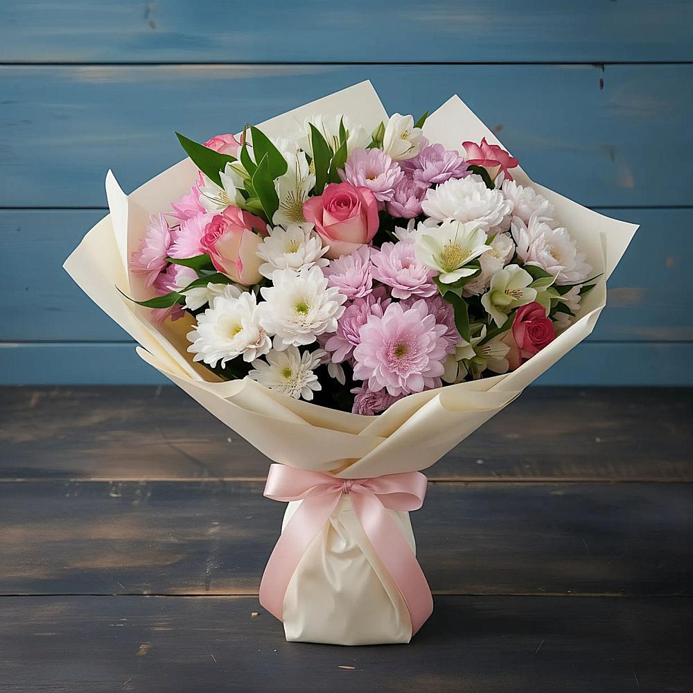 Букет цветов из: Хризантемы, Альстромерии и Розы в Братках